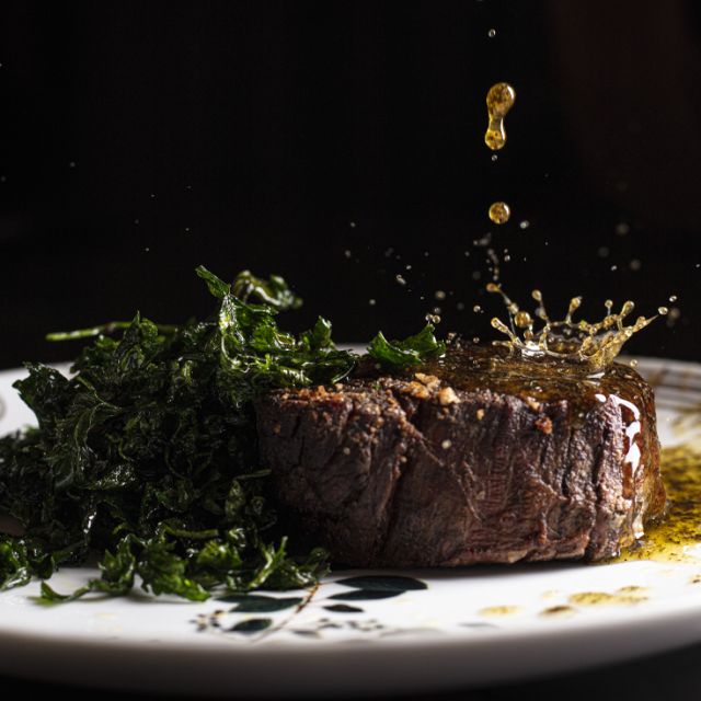 Close-up of Filete a la pimienta steak with peppercorn sauce