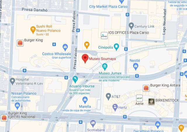 Google Maps screenshot showing the location of Soumaya Museum in Mexico City.