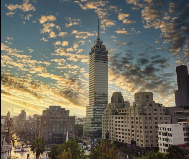 Skyscraper in Mexico City with a modernist design and towering height.