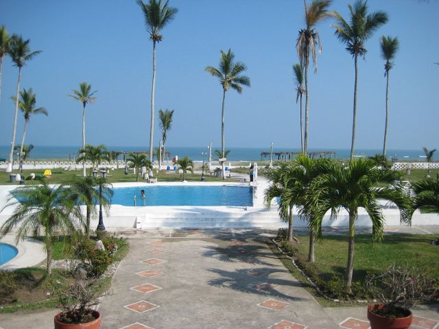 A beachside hotel with palm trees and ocean views.